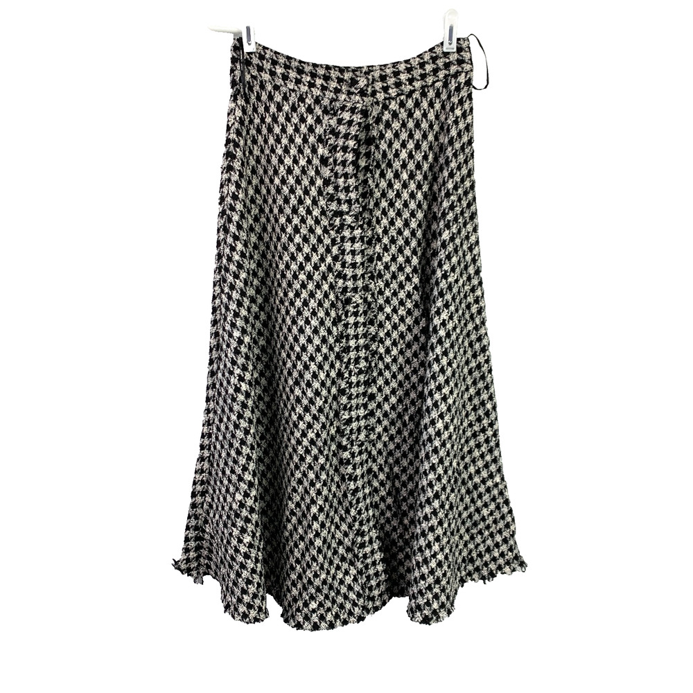 Zara Black Cream White Houndstooth Tweed Dark Academia Midi A-Line Skirt Medium